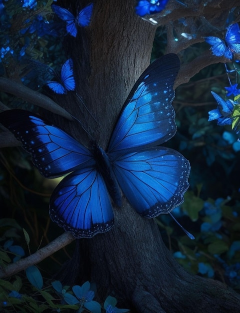 Une scène d'une forêt de arbres avec une mariposa bleu volando entre eux