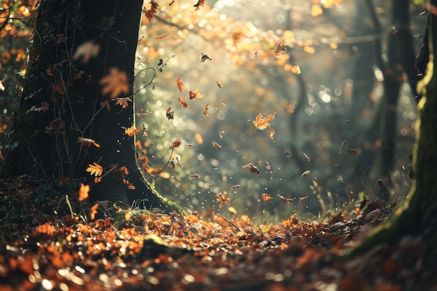 Une scène de forêt d'automne avec des feuilles qui tombent générée par l'IA