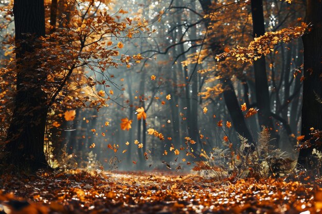 Une scène de forêt d'automne avec des feuilles qui tombent générée par l'IA