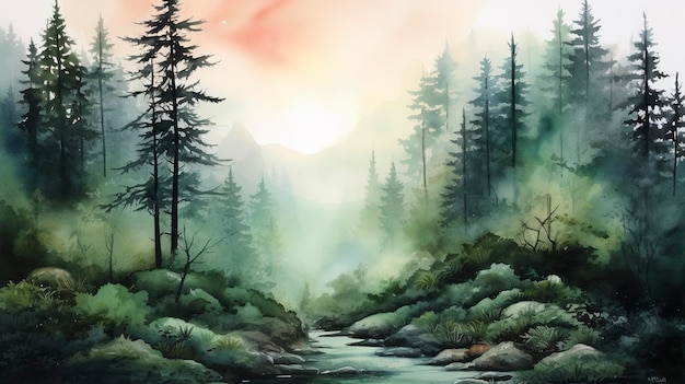 Scène de forêt brumeuse aquarelle