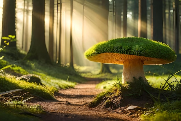 Une scène de forêt avec un champignon et un rayon de soleil