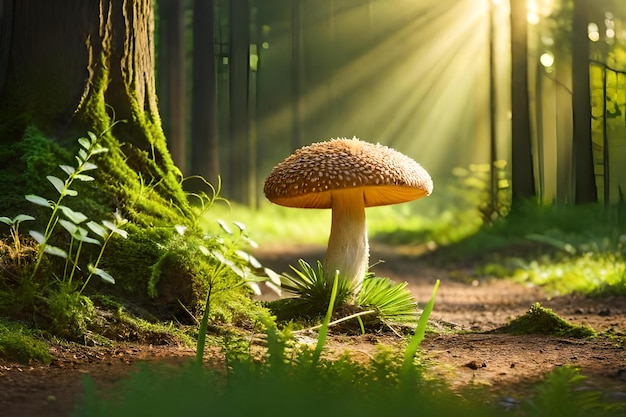 Une scène de forêt avec un champignon et un rayon de soleil