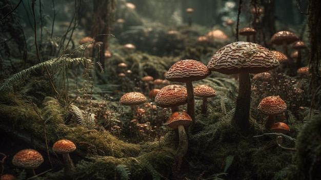 Une scène de forêt avec des champignons et de la mousse.