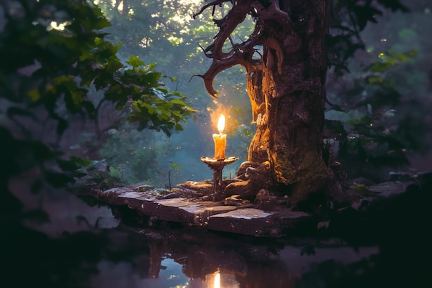 Scène de forêt enchantée avec une bougie brûlante faisant allusion à des mystères occultes