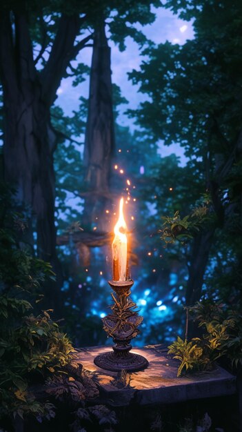 Scène de forêt enchantée avec une bougie brûlante faisant allusion à des mystères occultes