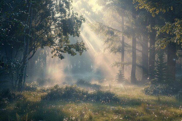 Scène de forêt ensoleillée avec de la brume s'élevant du