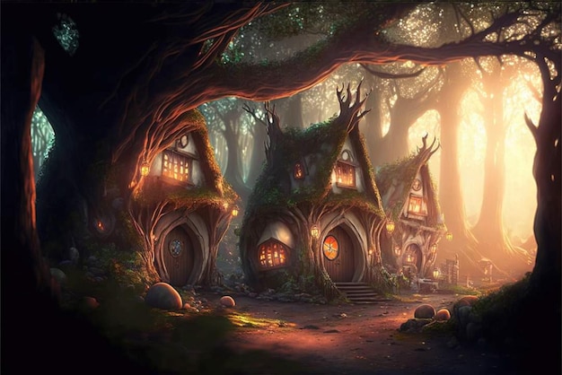 Une scène de forêt avec une maison dans les bois.