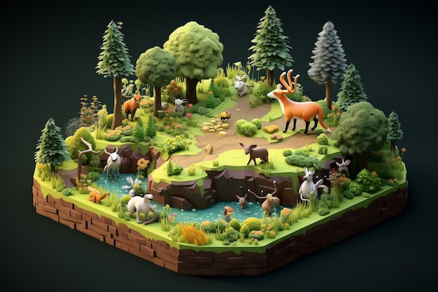 Une scène de forêt miniature nature isométrique avec des animaux