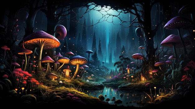 Une scène de forêt mystique avec des champignons illuminés un château magique des lumières brillantes et des reflets sereins de l'étang