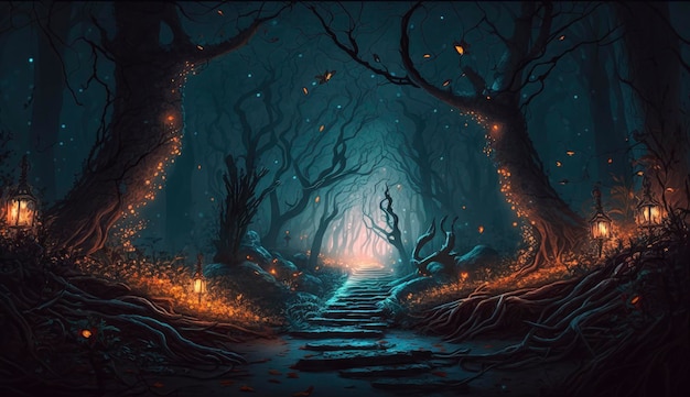 Scène de forêt mystique la nuit comme art numérique Générer Ai