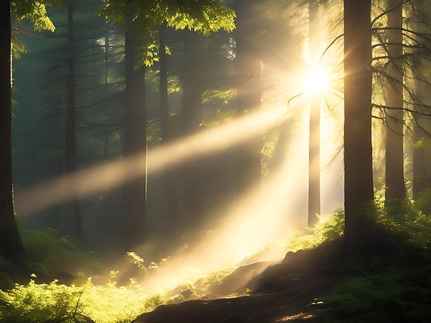 Une scène de forêt paisible avec des rayons de soleil traversant les arbres