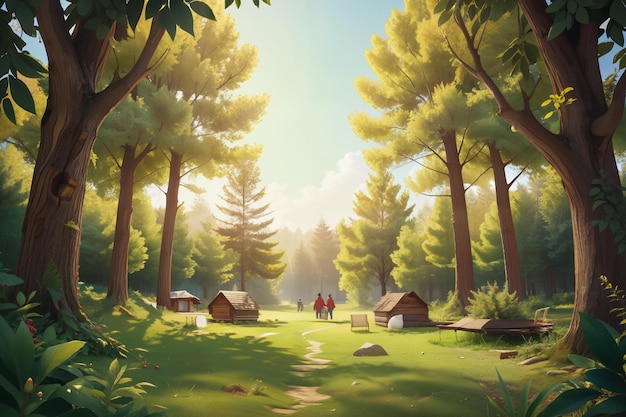 une scène de forêt avec une petite cabane au milieu