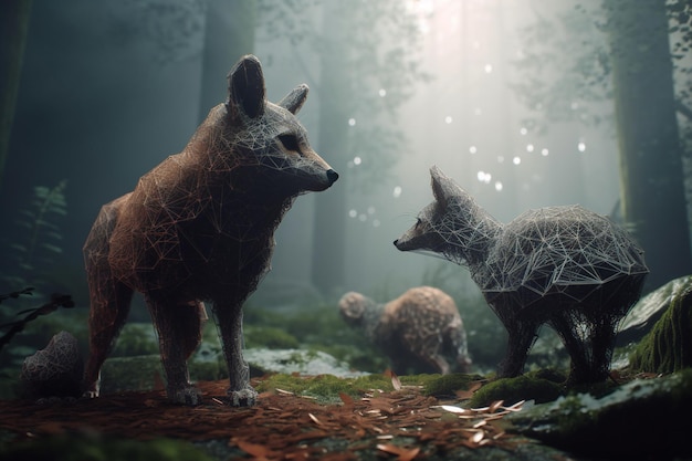 Une scène de forêt avec un renard et un loup.