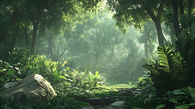 Une scène de forêt sereine avec une verdure luxuriante et la lumière du soleil douce filtrant à travers les arbres