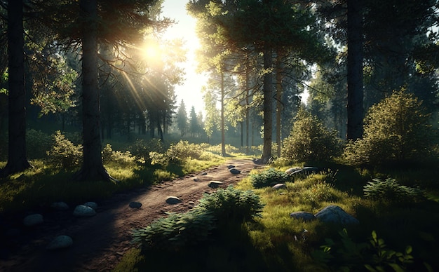 Une scène de forêt avec le soleil qui brille sur le sol