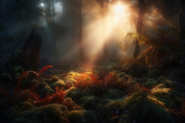 Une scène de forêt avec le soleil qui brille à travers les arbres