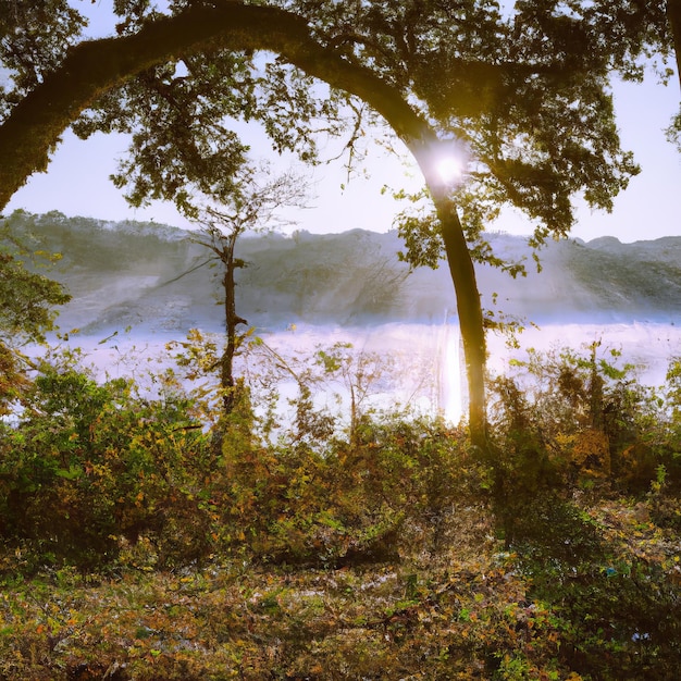 Une scène de forêt avec le soleil qui brille à travers les arbres.