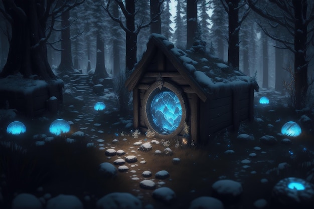 Une scène de forêt sombre avec une porte qui dit des lucioles.