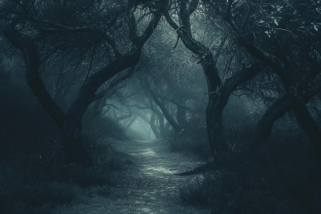 Scène de forêt sombre avec un sentier dégagé parmi les arbres