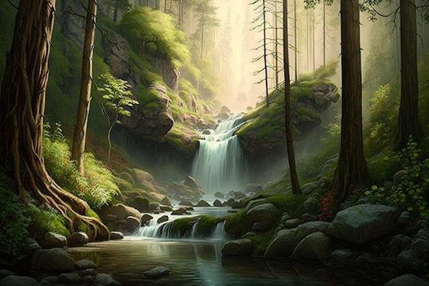 Une scène de forêt tranquille avec un ruisseau et des cascades en arrière-plan