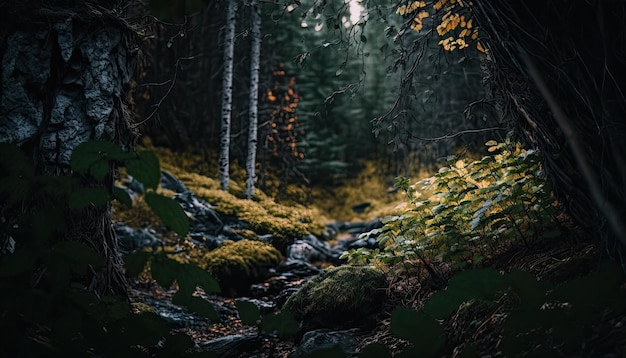 Une scène de forêt traversée par une rivière.