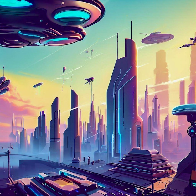 Scène futuriste avec des gratte-ciel, des aéroglisseurs et des robots