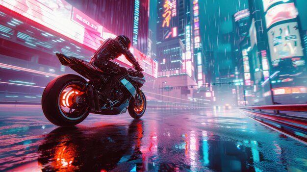 Photo une scène futuriste d'un homme en équipement cyberpunk accélérant sur une moto entouré de panneaux au néon sur une autoroute japonaise arrière-plan gratte-ciel, panneaux d'affichage numériques, éclairage, ia générative