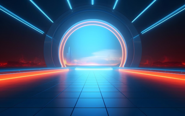 Une scène futuriste avec un tunnel lumineux et une lumière bleue.