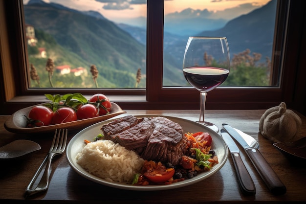 Scène gastronomique steak succulent avec des légumes riz et vin dans un restaurant rustique IA génératif