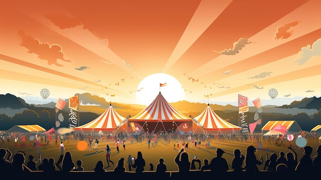 La scène de Glastonbury avec des silhouettes de personnes regardant le festival a lieu chaque année à Worthy Farm à Pilton Somerset au Royaume-Uni pour commémorer le Glastonbury Festival.