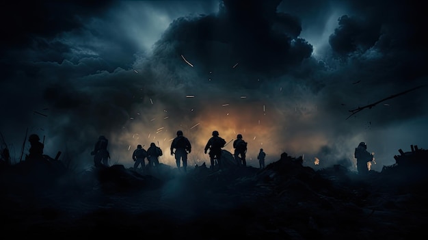 Scène de guerre avec des soldats silhouette combattant dans une ville en ruine sous un ciel nuageux