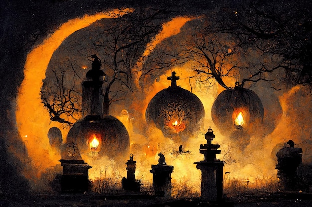 Scène d'Halloween à l'atmosphère mystique sombre humeur effrayante avec citrouilles nuages sombres et ciel grand m