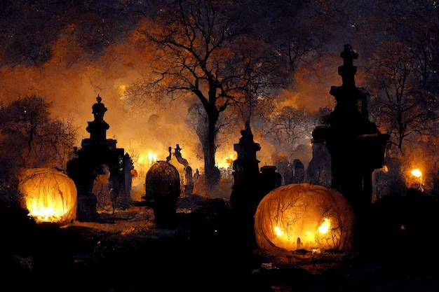Scène d'Halloween à l'atmosphère mystique sombre humeur effrayante avec citrouilles nuages sombres et ciel grand m