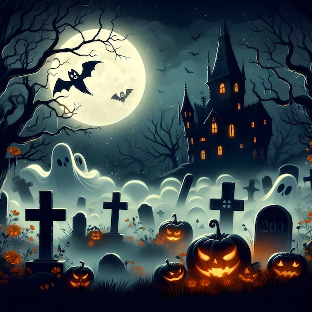 une scène d'Halloween avec un château et un cimetière avec une pleine lune en arrière-plan