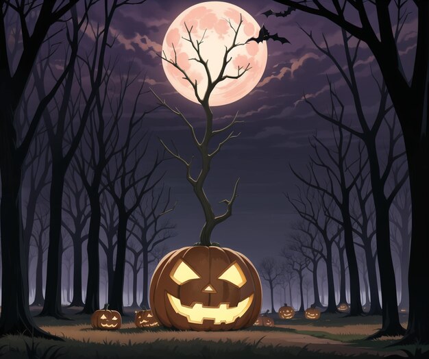 Une scène d'halloween avec une citrouille au milieu d'une forêt avec un arbre au sol.
