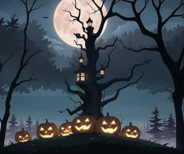Une scène d'halloween avec des citrouilles et un arbre avec une maison en arrière-plan.