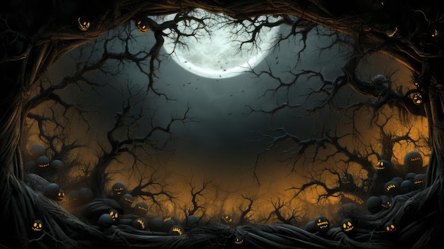 une scène d'Halloween avec des citrouilles et des arbres