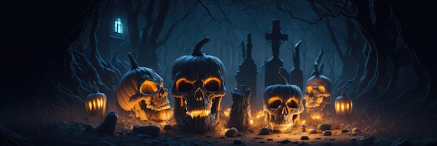 Une scène d'halloween avec des citrouilles et des crânes.