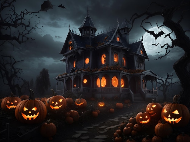 Une scène d'Halloween avec des citrouilles et une maison hantée