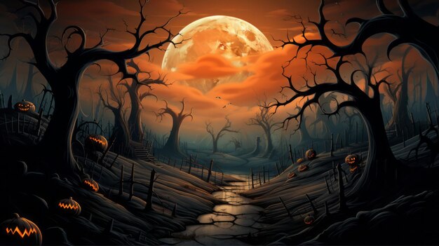 une scène d'Halloween avec des citrouilles et une pleine lune