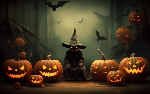Une scène d'halloween avec des citrouilles et une sorcière dans une forêt sombre.