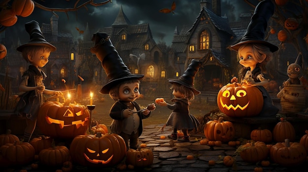 Scène d'Halloween des enfants déguisés allant demander des bonbons