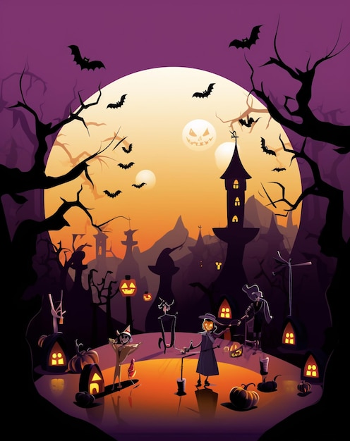 Scène d'Halloween avec une lune pleine et un cimetière effrayant
