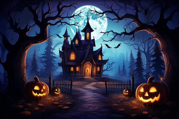 scène d'Halloween avec une maison effrayante et des citrouilles dans les bois ai générative