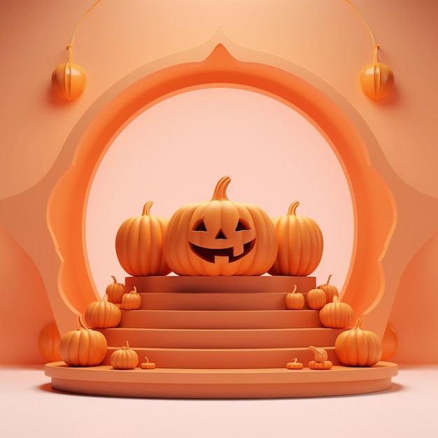 Scène d'Halloween minimale plate-forme de podium 3D scène vitrine sur piédestal citrouille orange moderne