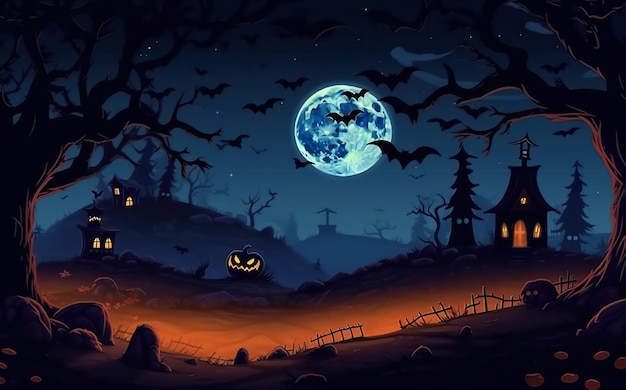 Une scène d'halloween avec une pleine lune et des chauves-souris Image AI générative