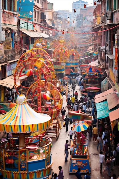 une scène haute angle d'une foire de rue Ram Navami