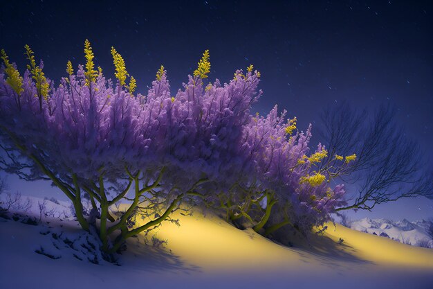 Une scène d'hiver avec des arbres violets dans la neige.