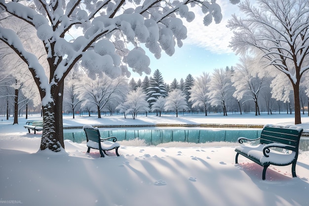 Une scène d'hiver avec des bancs enneigés et un étang.