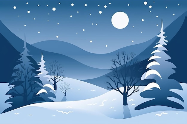 Une scène d'hiver bleue avec des arbres et la lune en arrière-plan